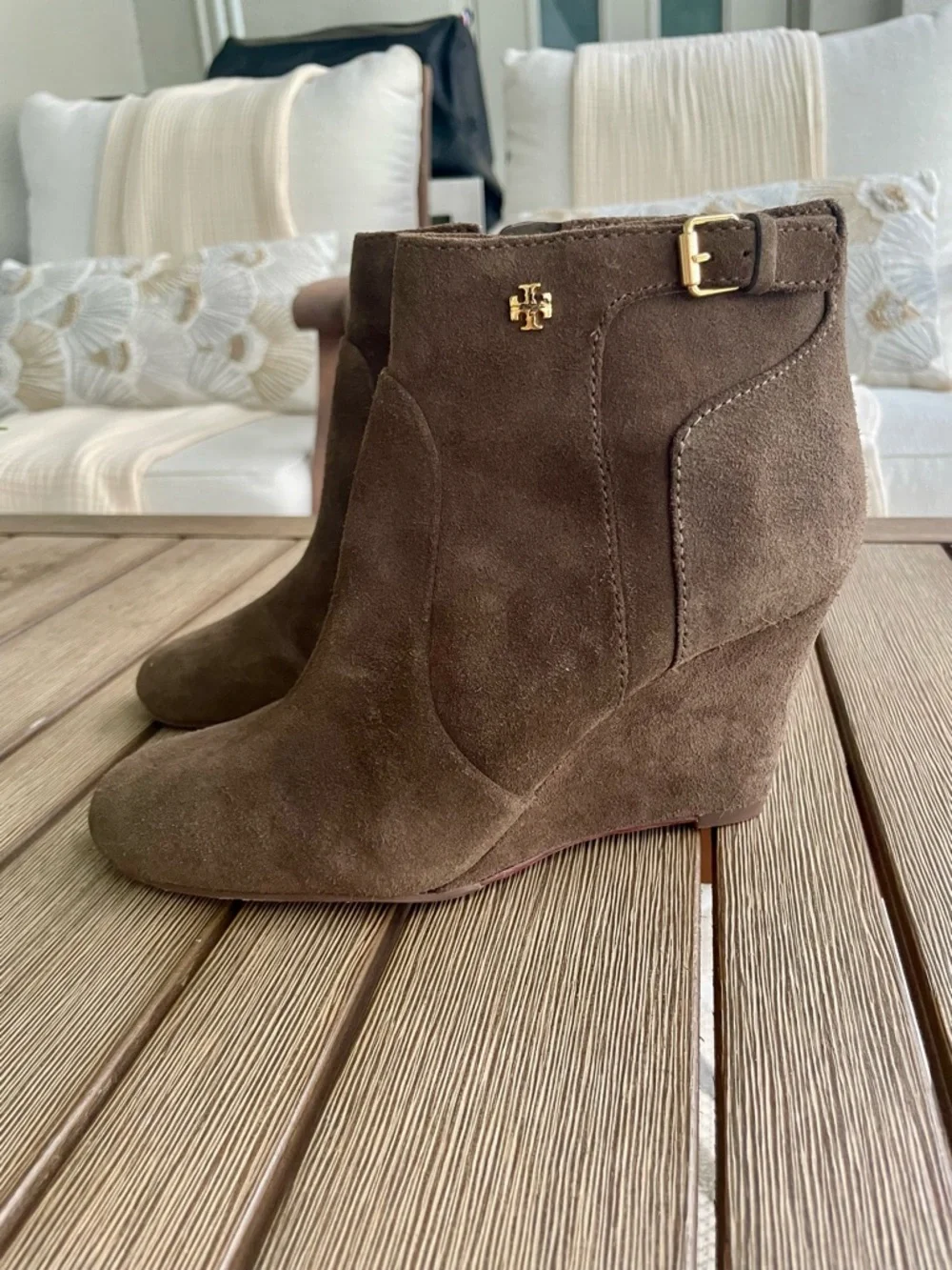 Tory Burch Brown Suede Wedge Ankle Boots Size 7M Leather Made in Brazil